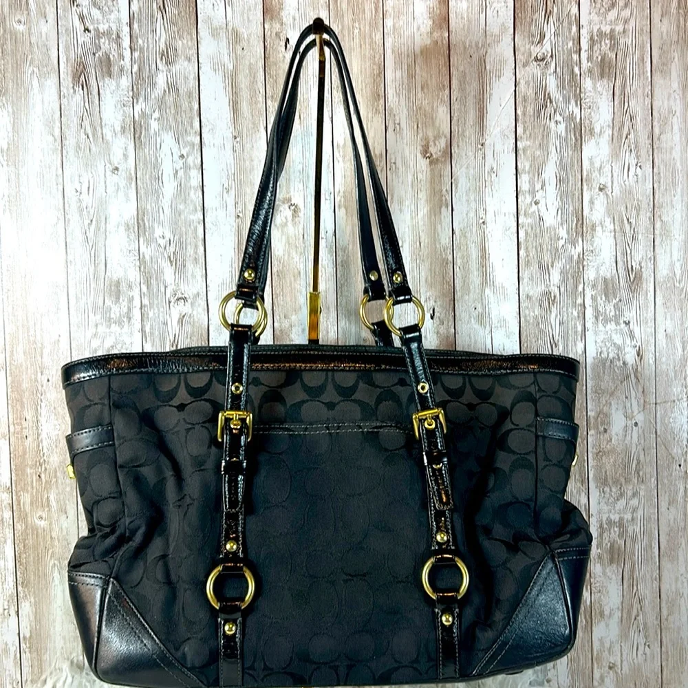 Vintage Coach Black Signature Monogram Shoulder Bag Purse Double Strap Jacquard - Picture 1 of 9